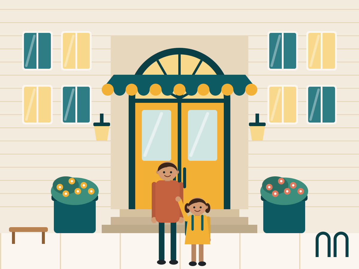 Illustration of the school’s front doors under a teal canopy, with a parent and child walking toward the steps