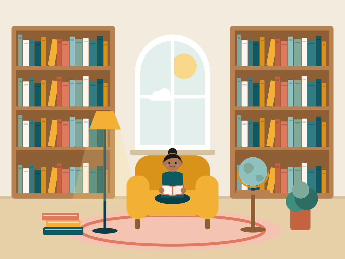 Illustration of a student reading in a yellow armchair in the school library, between tall shelves of books