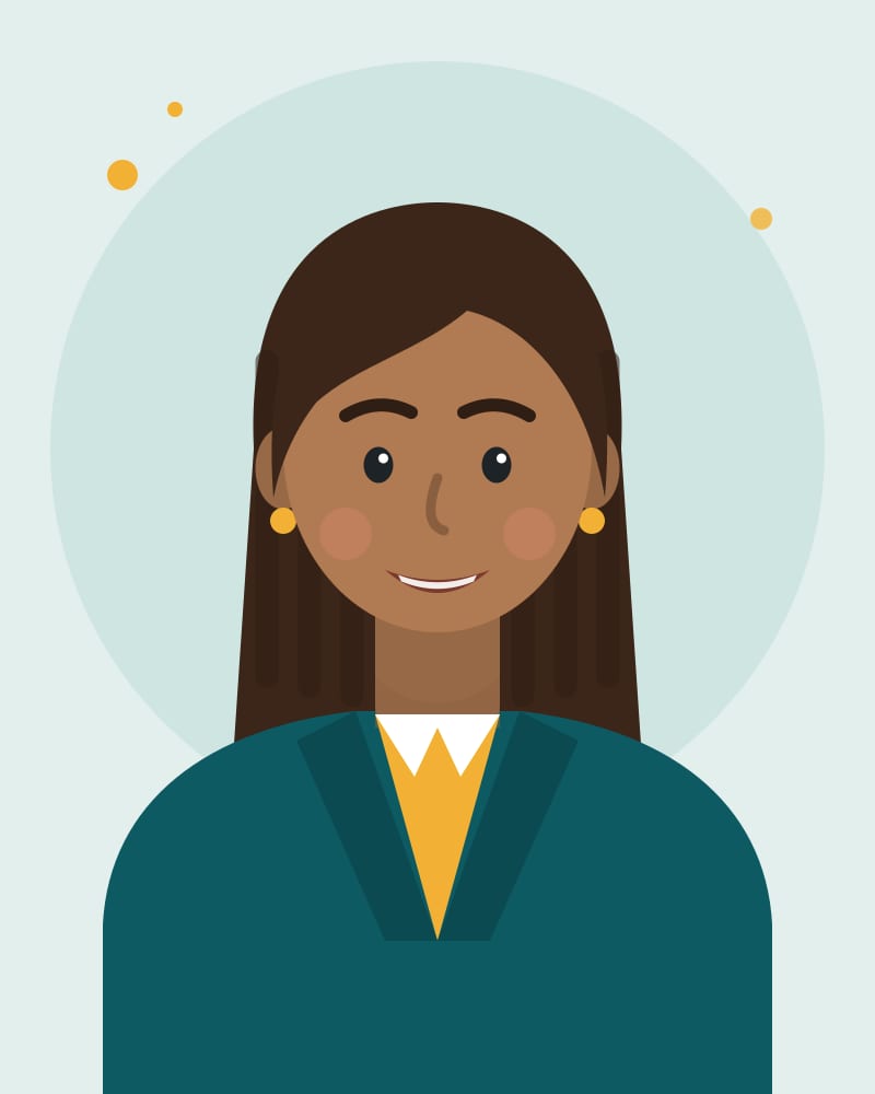 Illustrated portrait of Principal Marisol Bennett in a teal jacket and gold earrings
