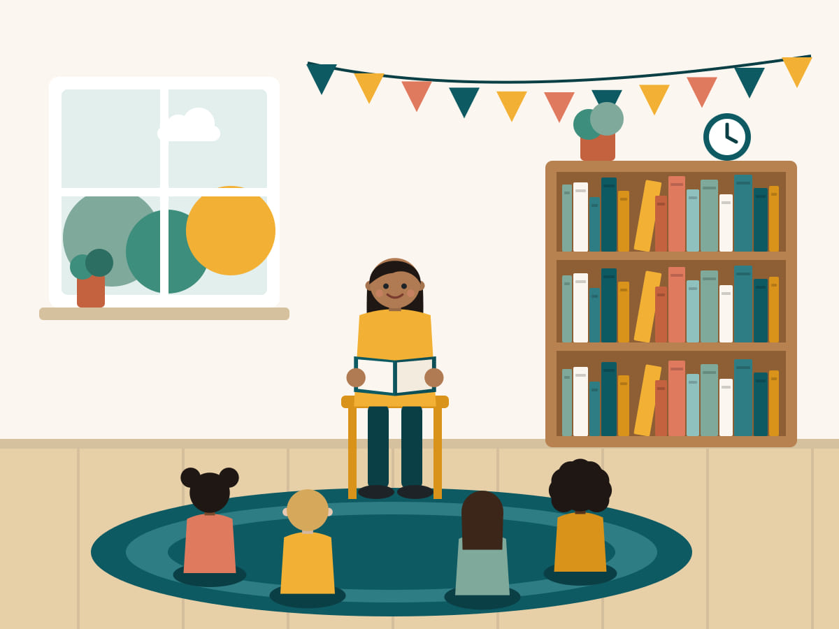 Illustration of a teacher reading a picture book aloud to four children sitting on a round rug