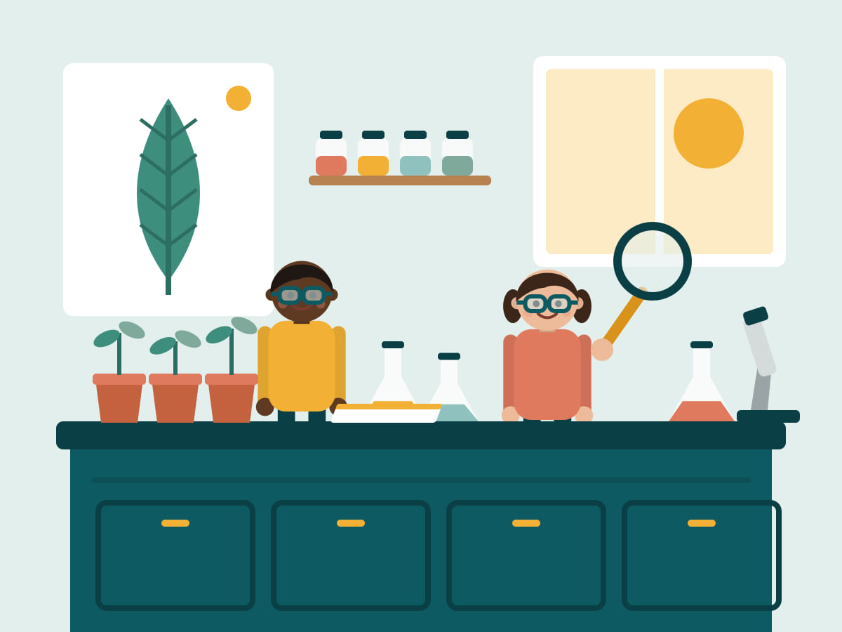 Illustration of two students in safety goggles studying seedlings and flasks at a science table