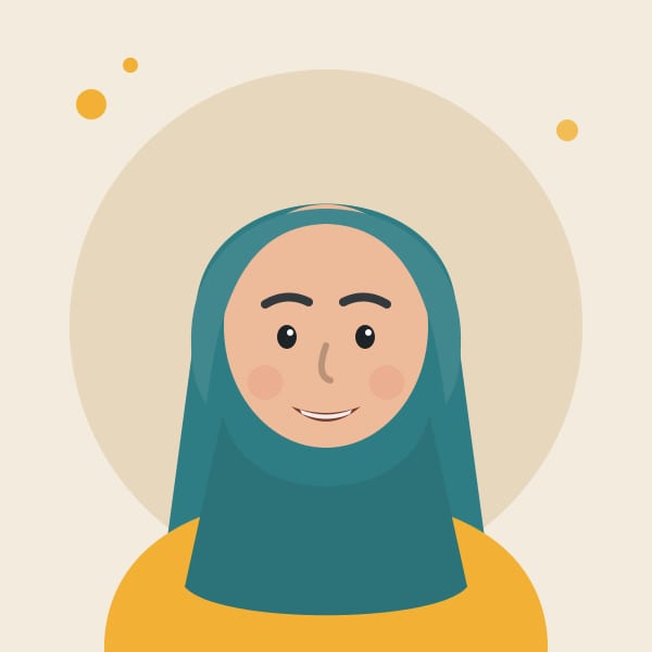 Illustrated portrait of Amina Haddad, who wears a teal headscarf and a marigold top