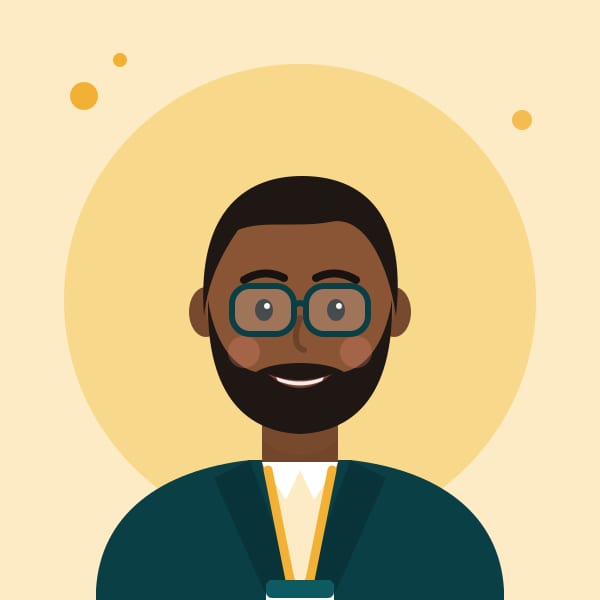 Illustrated portrait of Andre Okafor, who has a beard and glasses and wears a dark teal jacket