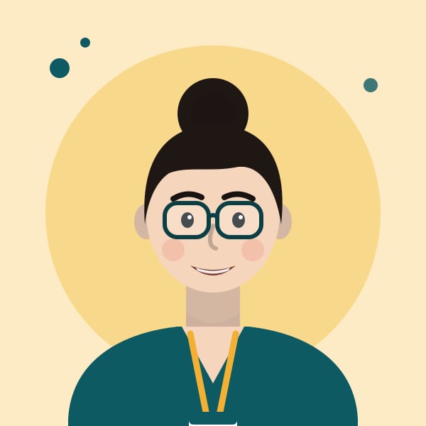 Illustrated portrait of Grace Liu, who wears her dark hair in a bun, round glasses and a teal top