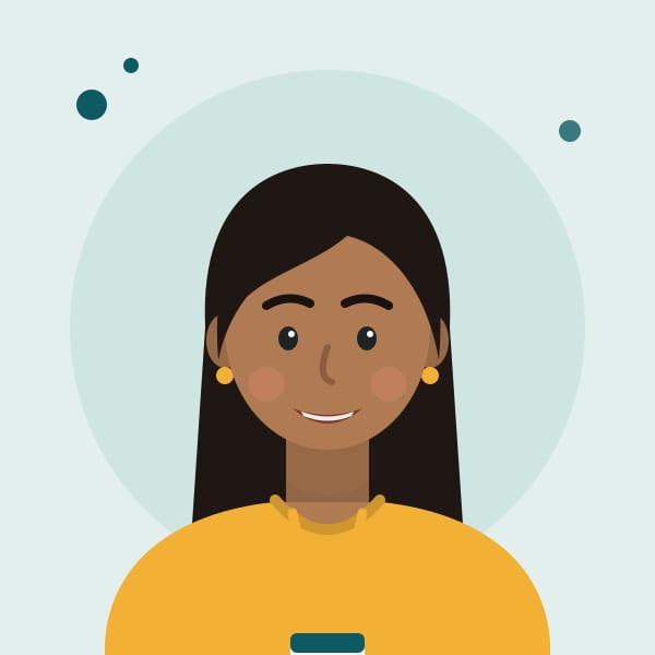Illustrated portrait of Priya Raman, who has long dark hair and wears a marigold top