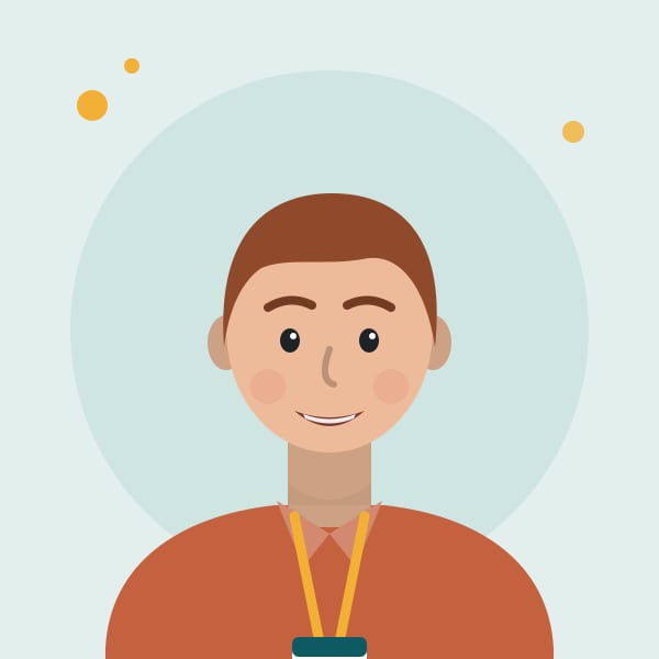 Illustrated portrait of Samuel Brooks, who has short auburn hair and wears a terracotta polo shirt